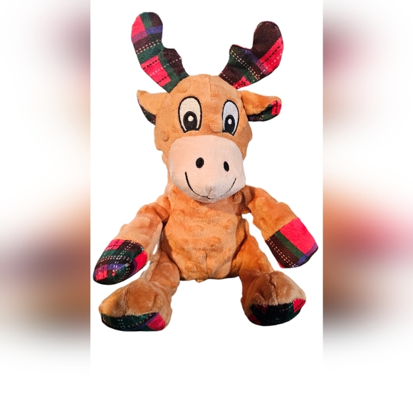 Christmas Reindeer Dog Toy with Plaid Hat and Crinkle - Picture 1 of 6